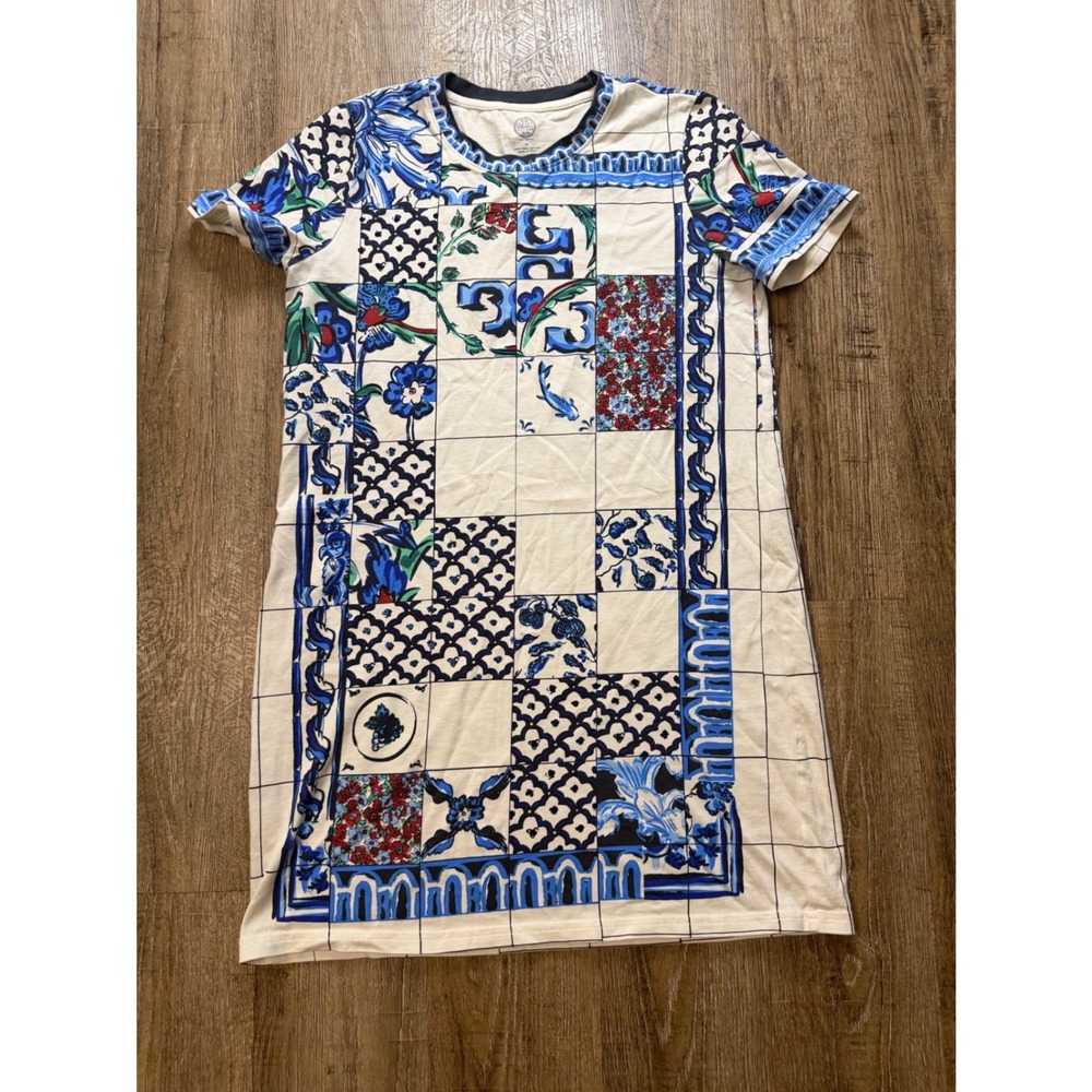 Tory Burch Kerrington Tile Print Pima Cotton T-Shirt Dress Blue White Medium